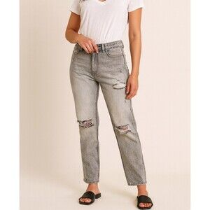 BP Jeans gray grey stone/acid washed distressed straight leg knee hole SZ 27"